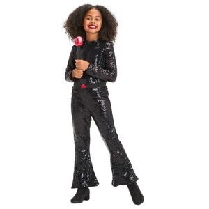 NWT Girls Pop Star Glam Black Sequin Jumpsuit & Microphone‎ Costume – Small